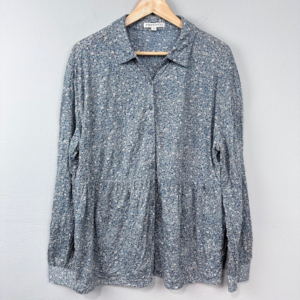 Frye Long Sleeve‎ Top Sz L Monica Floral Boho Dusky Blue Babydoll Crinkle Tunic - Picture 8 of 12